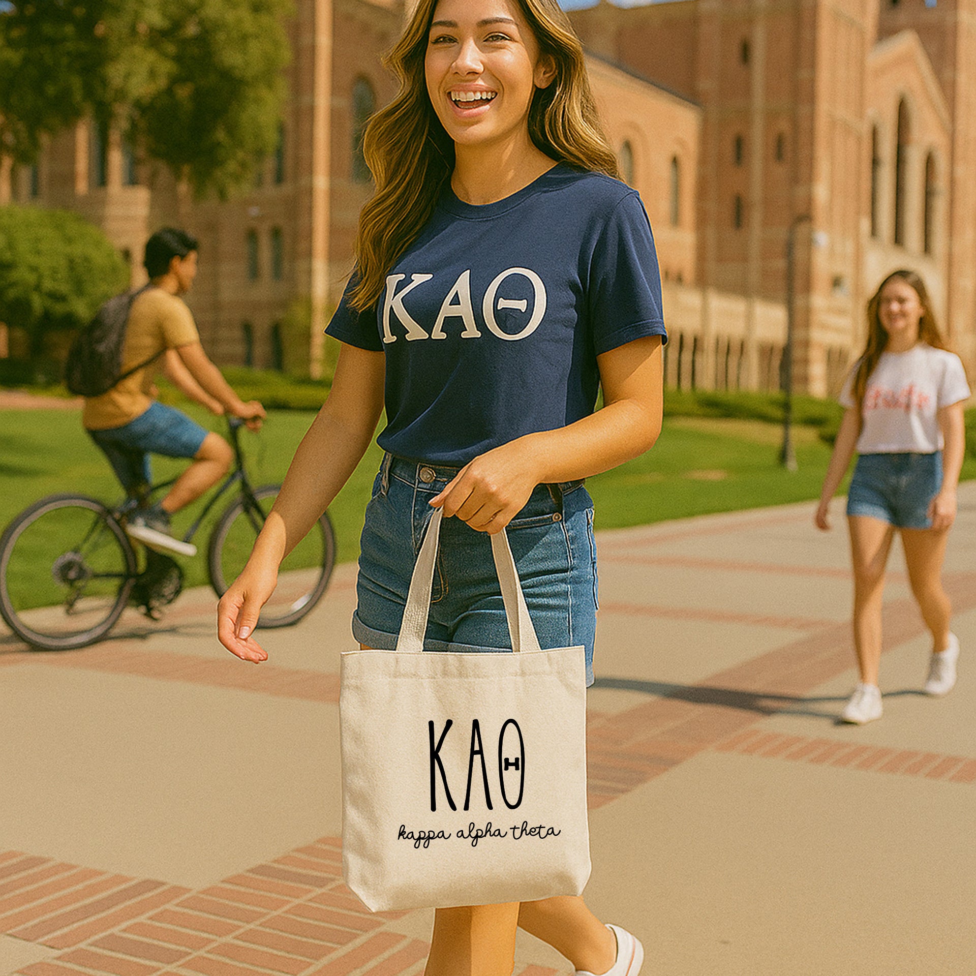 College student carrying a Kappa Alpha Theta small canvas tote bag with striped Greek letters