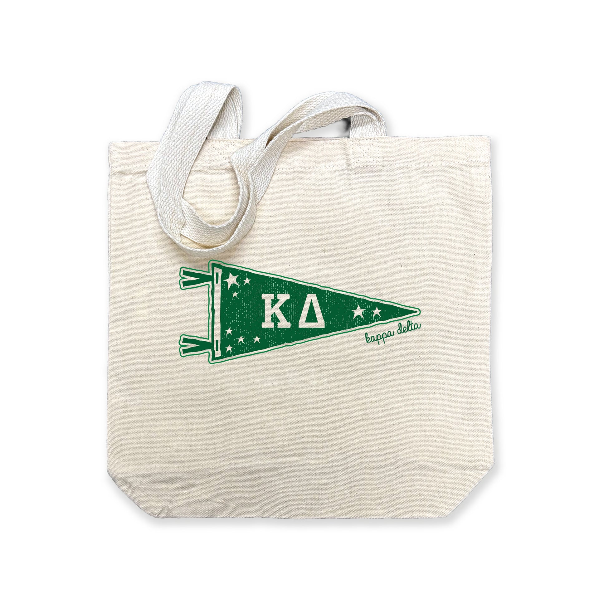 Kappa Delta collegiate pennant medium size canvas tote bag featuring Kappa Delta Greek letters on a white background