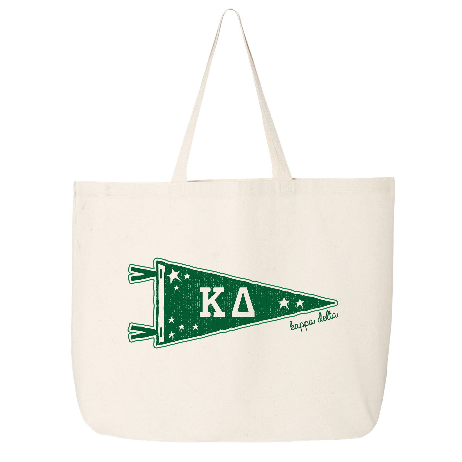 Kappa Delta collegiate pennant large canvas tote bag featuring Kappa Delta Greek letters on a white background