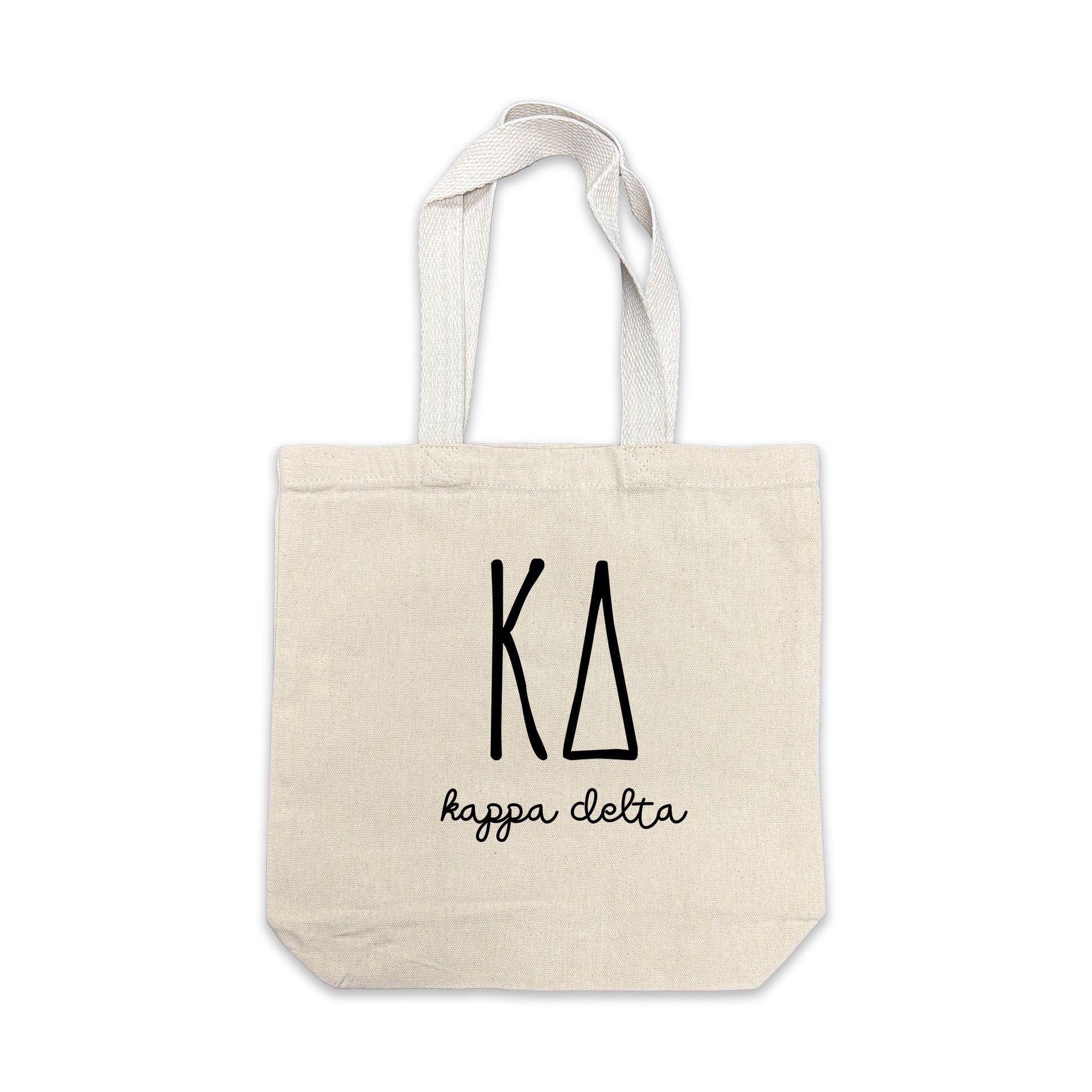 Kappa Delta small canvas tote bag featuring striped Kappa Delta Greek letters on a white background
