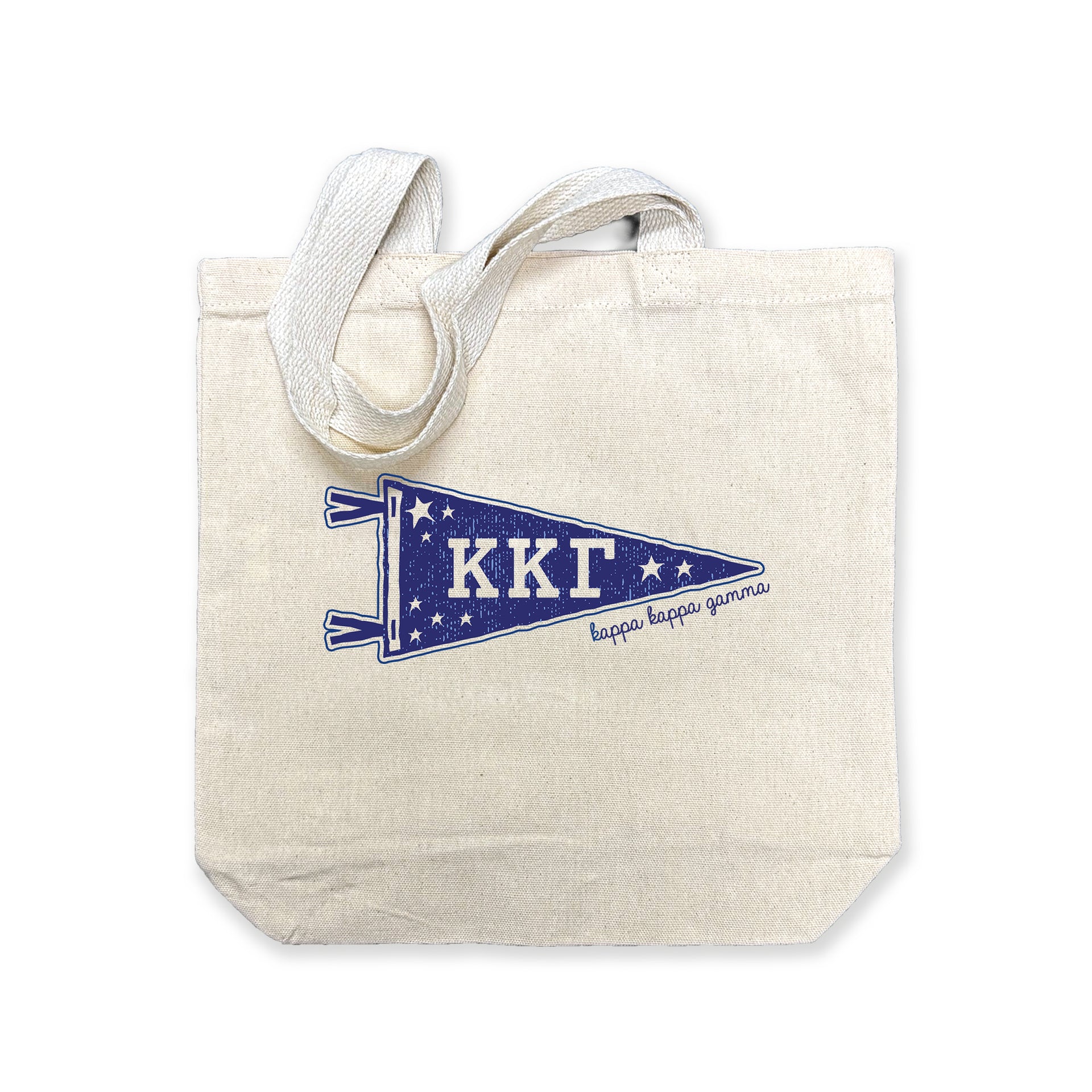 Kappa Kappa Gamma collegiate pennant medium size canvas tote bag featuring Kappa Kappa Gamma Greek letters on a white background