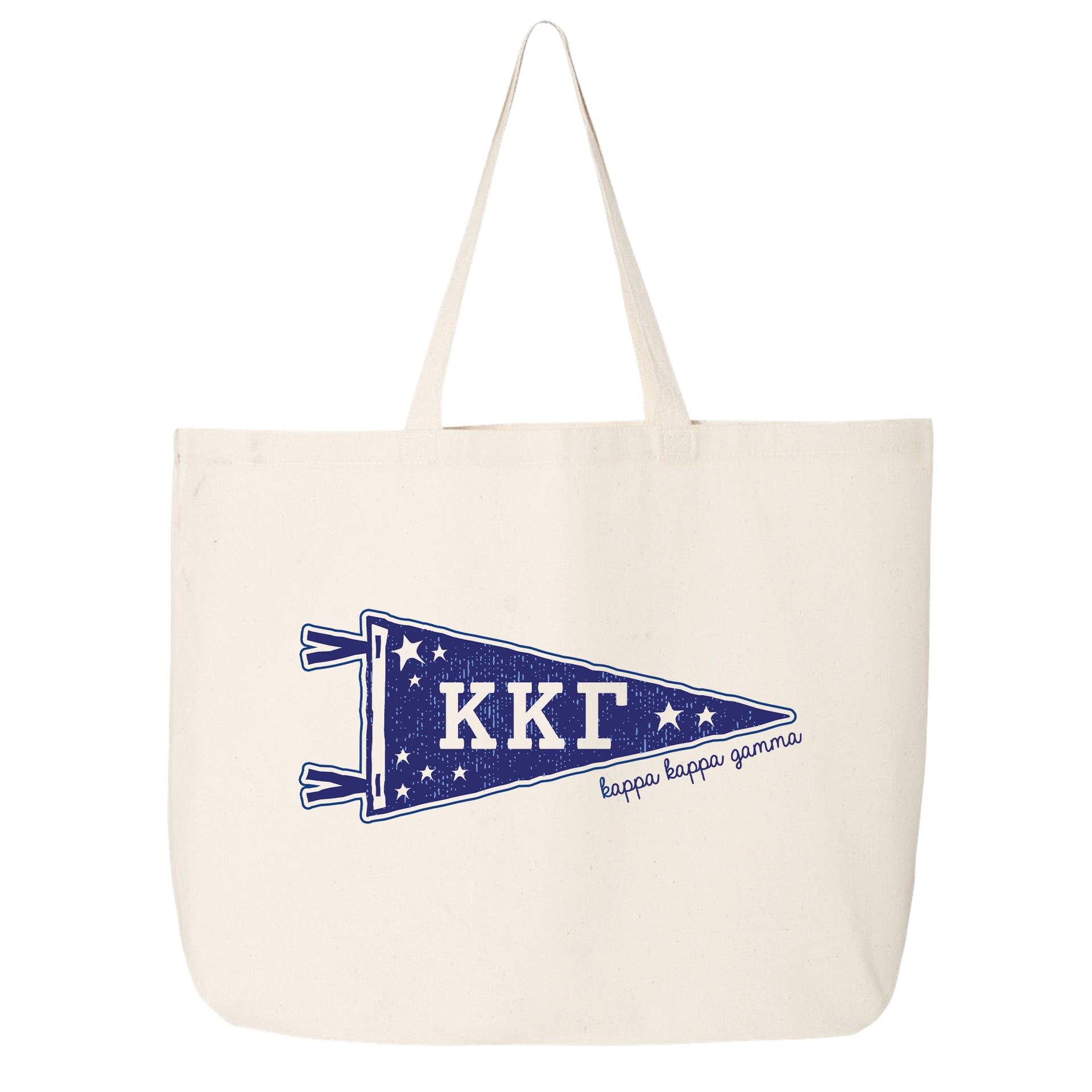 Kappa Kappa Gamma collegiate pennant large canvas tote bag featuring Kappa Kappa Gamma Greek letters on a white background
