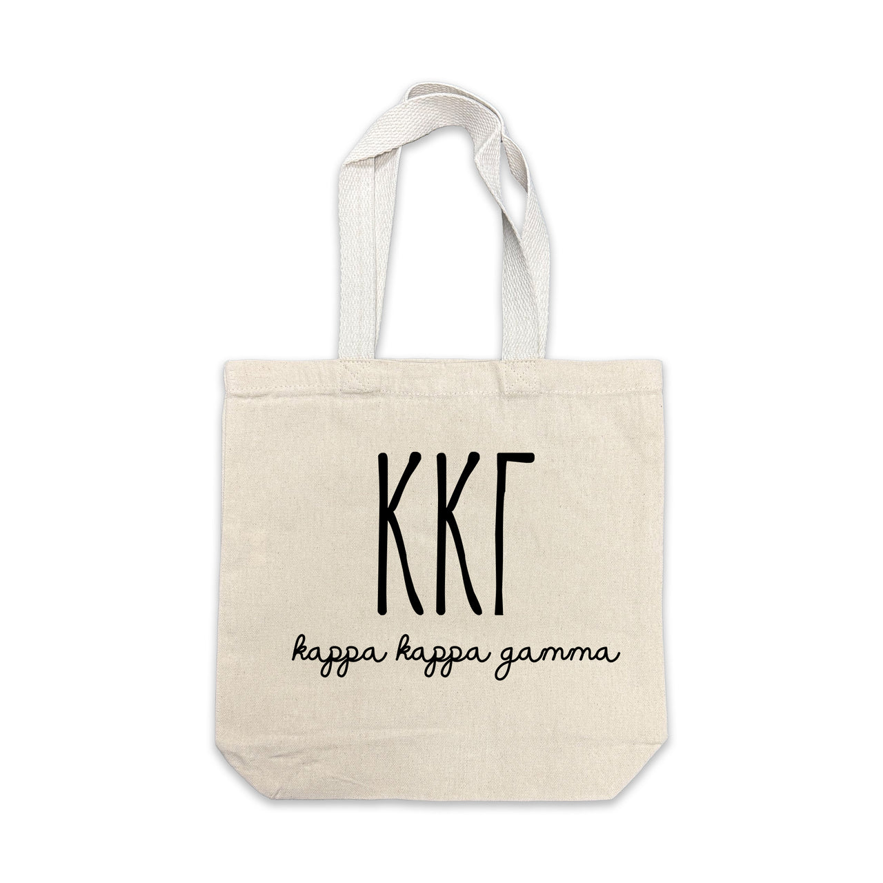 Kappa Kappa Gamma small canvas tote bag featuring striped Kappa Kappa Gamma Greek letters on a white background