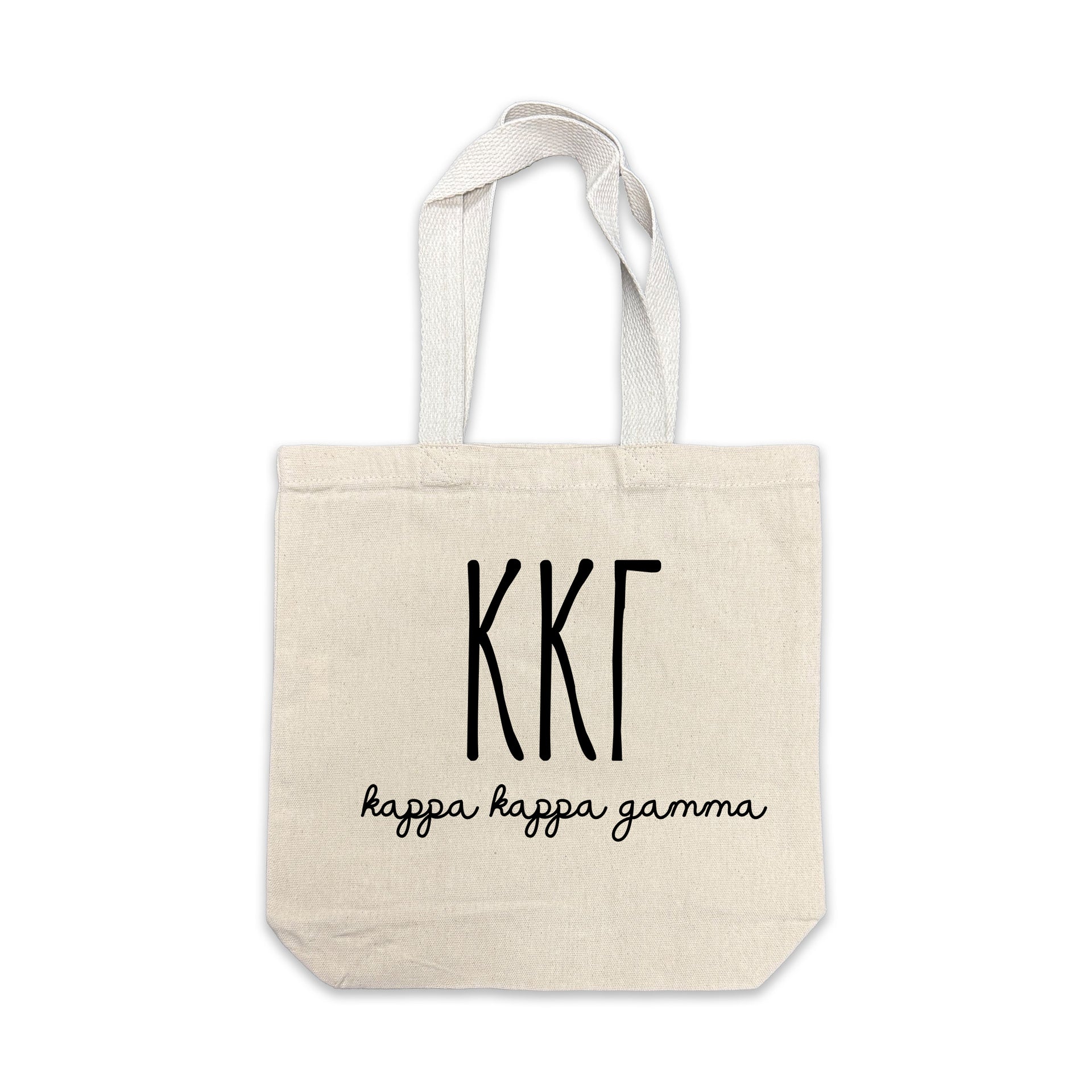Kappa Kappa Gamma small canvas tote bag featuring striped Kappa Kappa Gamma Greek letters on a white background