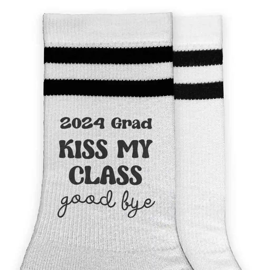 KISS MY CLASS GOODBYE class of 2024 digitally printed on cotton crew socks makes a great gift for the college or high school senior.
