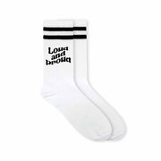 Support LGBTQ pride month with these soft and comfortable white cotton crew socks with black stripes with loud and proud printed on the sides.