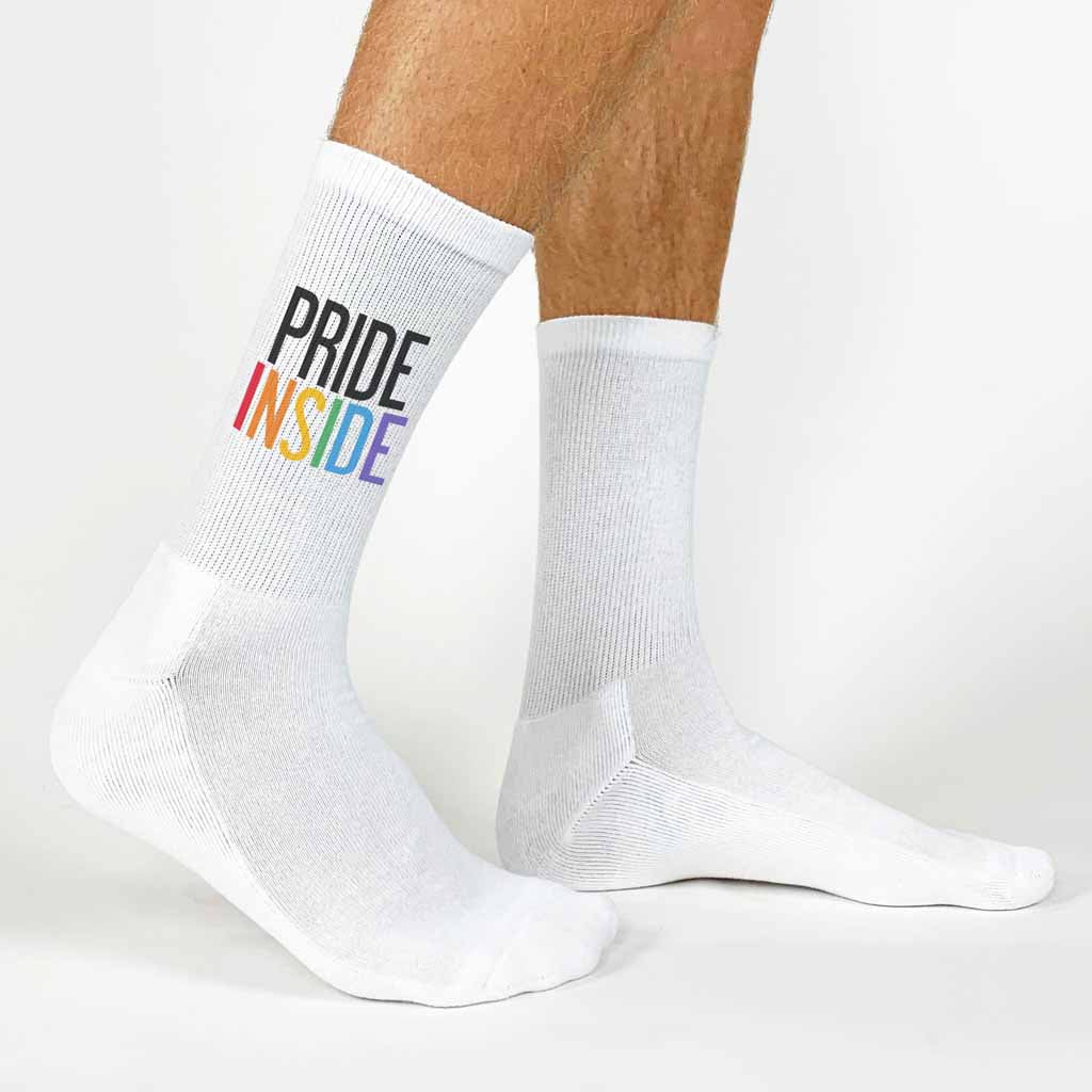 These stylish socks feature a captivating design with the empowering message "Pride Inside" digitally printed in rainbow colors, showcasing your pride and support for the LGBTQ+ community.
