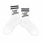 Step up your socks game with these custom loud and proud design digitally printed on white cotton crew socks with black stripes.