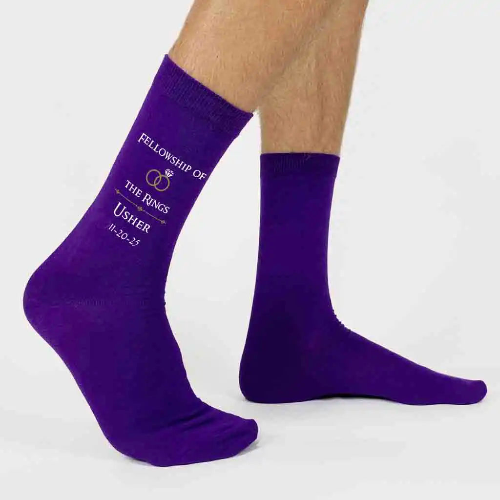 Customized lord of the rings design digitally printed on flat knit dress socks and personalized with your wedding role and date.