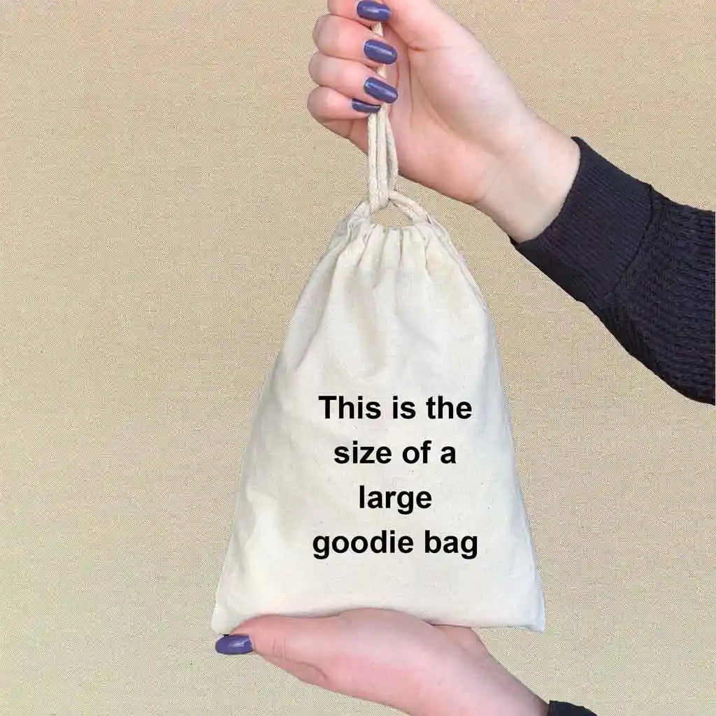 Size of a large goodie bag compared to a hands.