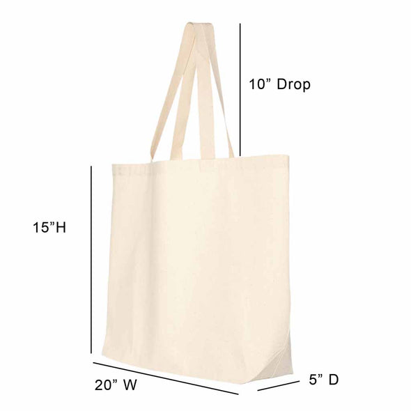 Large canvas tote bag sizing chart.