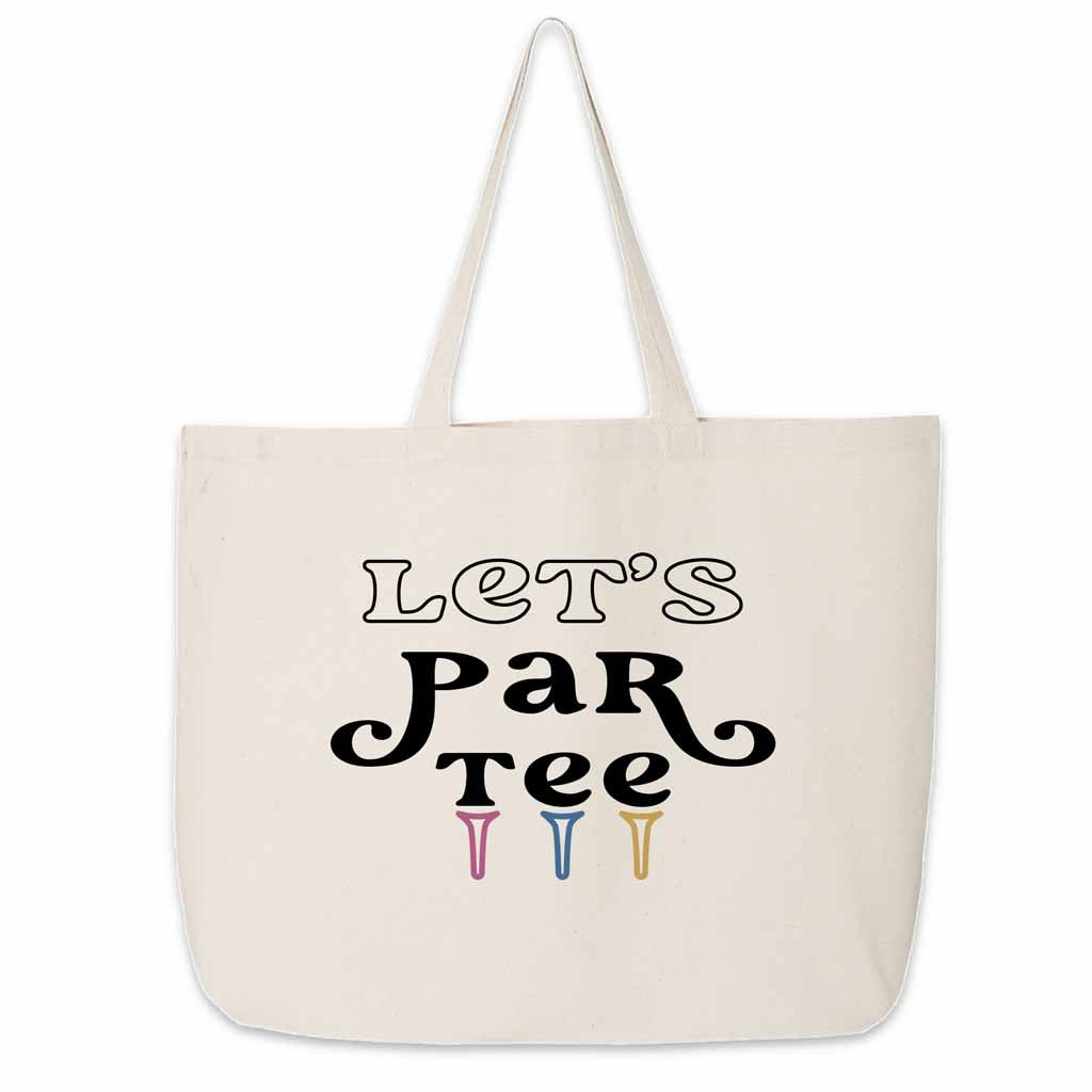 Large canvas tote bag digitally printed with lets par tee golf design.
