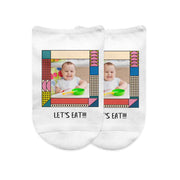 Mod frame design printed with your own photo and text on white cotton no show socks.