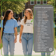 Photo with info chart showing the sororities available for this t-shirt style.