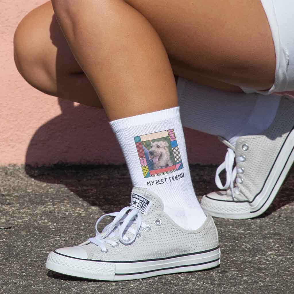 Mod frame design digitally printed with your own photo and text on white cotton crew socks.