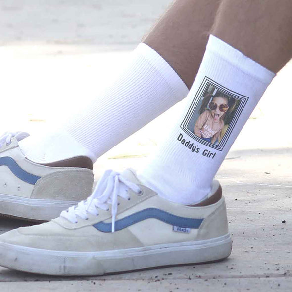 Framed photo and your text custom printed on comfy white cotton crew socks is the perfect gift for your favorite person.