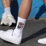 Polaroid framed photo with your custom text digitally printed on white cotton crew socks.