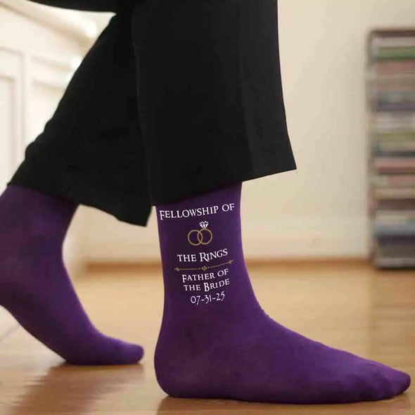 Fun wedding party socks digitally printed with fellowship of the rings LOTR inspired design personalized with your role and wedding date.
