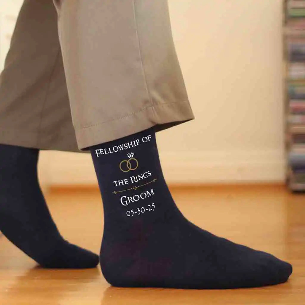 Fellowship of the rings LOTR design custom printed with wedding role and date on flat knit dress socks.
