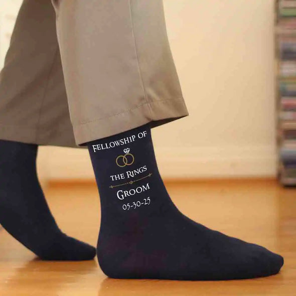 Fellowship of the rings LOTR design custom printed with wedding role and date on flat knit dress socks.