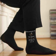 Lord of the rings inspired design custom printed on charcoal dress socks personalized with your wedding date and role.