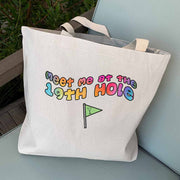 Meet me at the 19th hole super cute golf design printed on large canvas tote bag is the perfect gift for your favorite golfer.