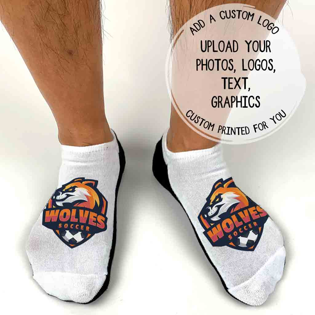 Customizable no show gripper socks for men shown in white with printed design—perfect for Pilates, yoga, barre, or studio workouts with added traction and personalization.