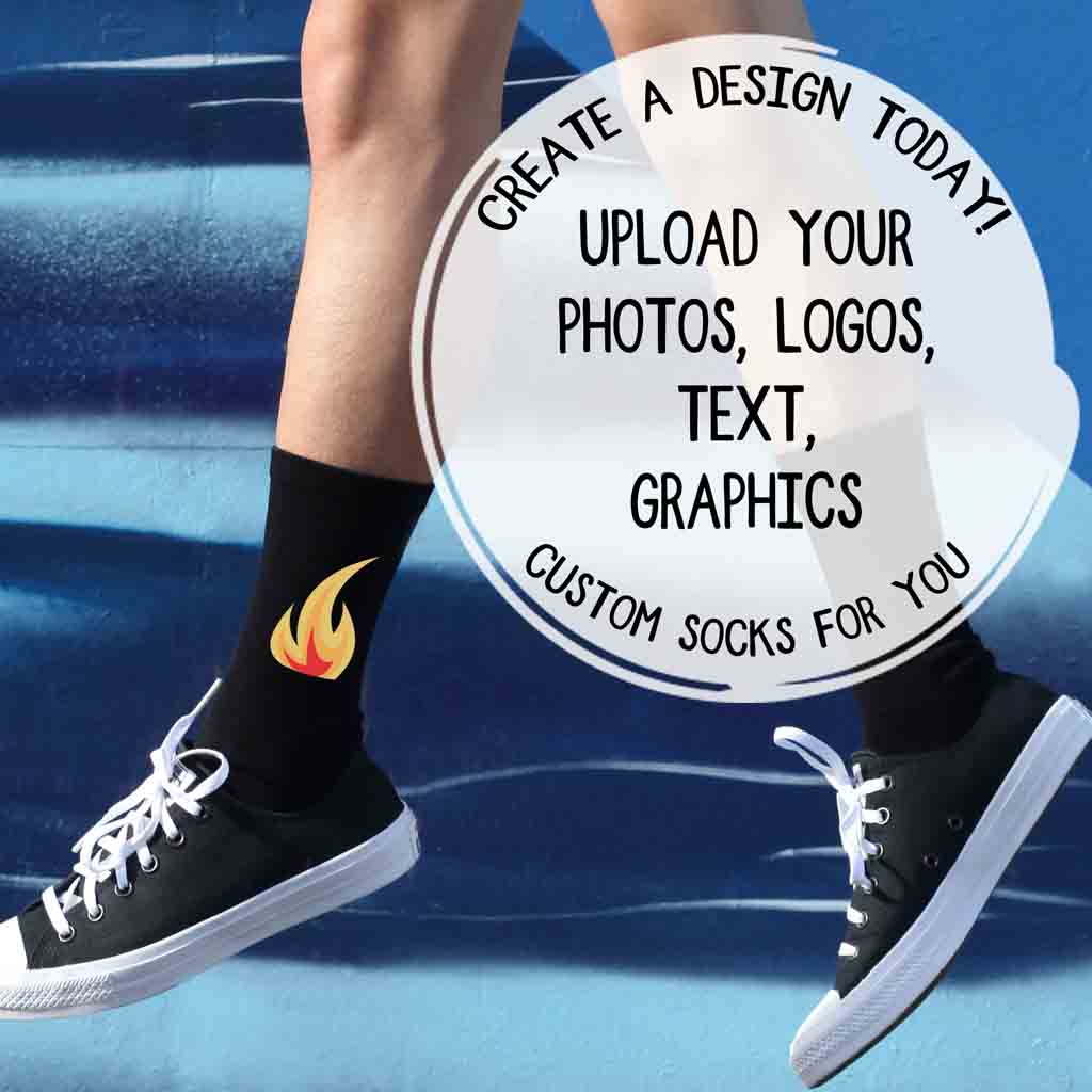 Black customizable unisex crew socks worn by a model, featuring an example design to show how personalized artwork, text, or logos appear when printed.