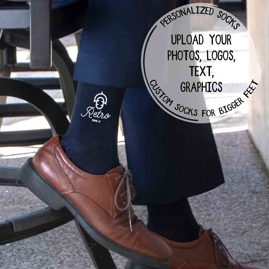 Custom printed men’s dress socks in navy, size x-large for extended men's shoe sizes 13-15. Ideal for adding personalized text, logos, or designs on sockprints.com.