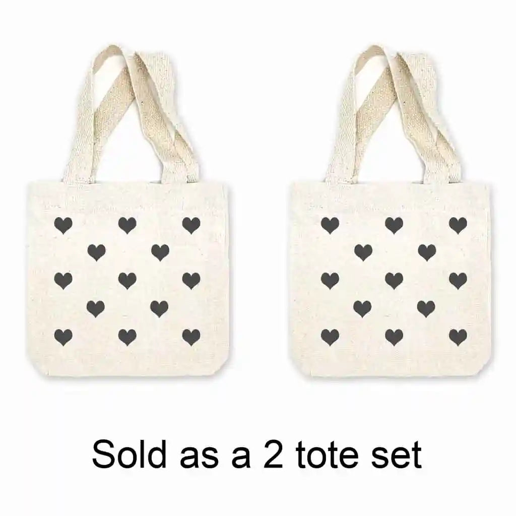 Set of two mini tote gift bags digitally printed with valentine hearts.