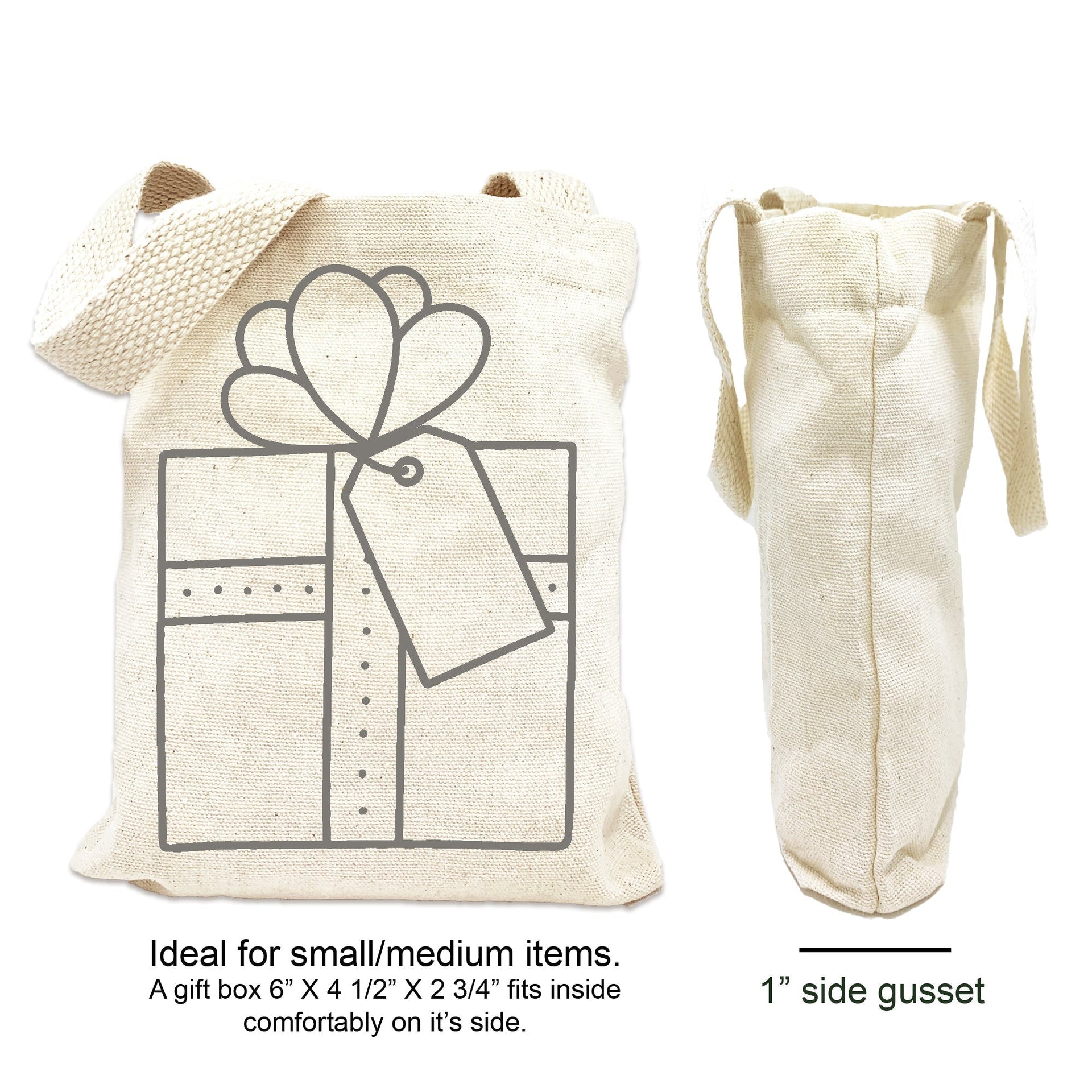 Canvas mini tote gift bag sizing chart.