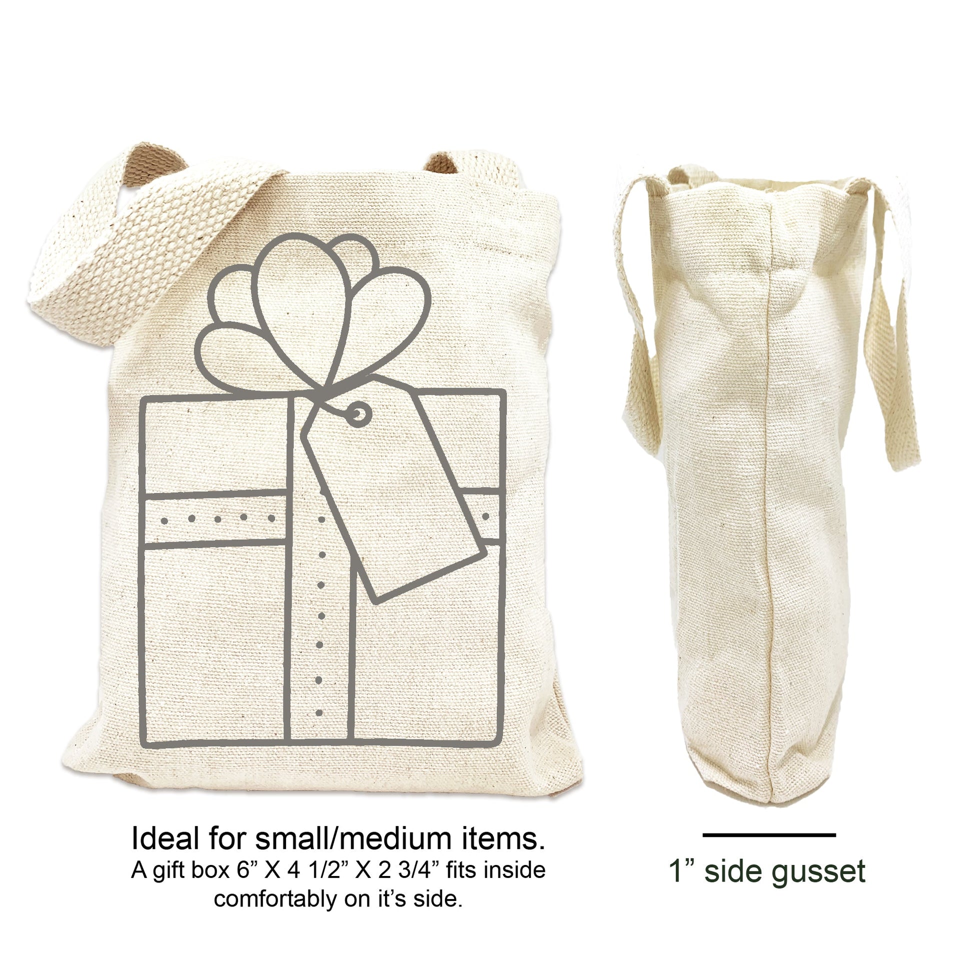 Canvas mini tote gift bag sizing chart.