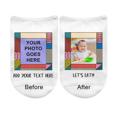 Your photo and text digitally printed with colorful mod frame design on white cotton no show socks.