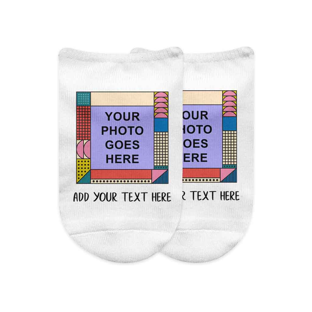 Colorful mod frame design digitally printed with your own photo and text on white cotton no show socks.