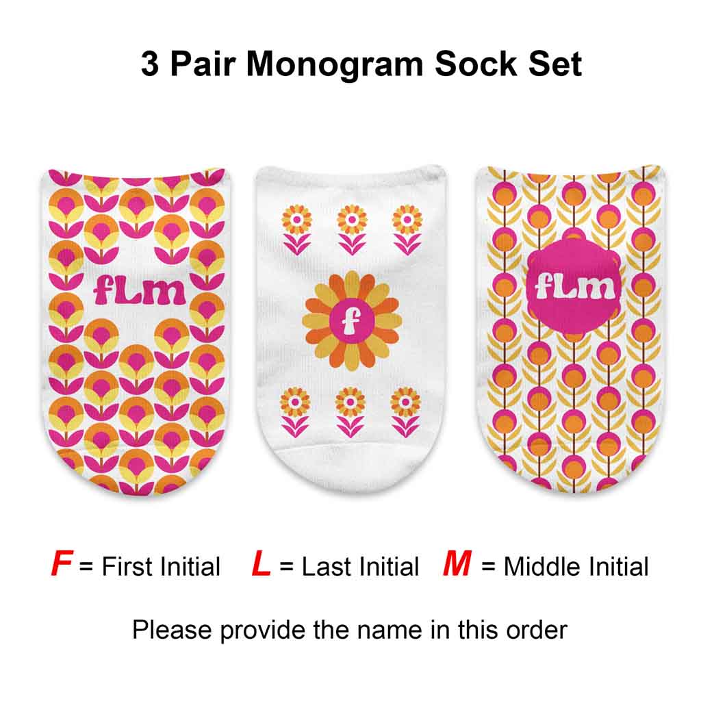 Monogram socks with a floral print custom printed on white no show socks in a gift box set.