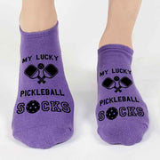 These 3 pack pickleball socks for her are sure to be a hit at your next tournament or party! Included is this pair of purple no show footie pickleball socks with the saying "my lucky pickleball socks" and cute graphic in black ink. 