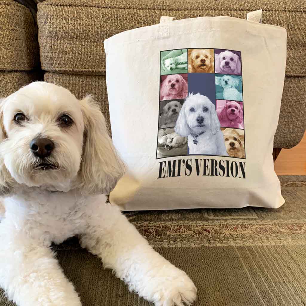 Express your Taylor Swift fandom with this chic, dog photo-filled tote bag.