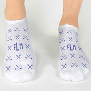 Fun personalized golf socks design with your monogram initials digitally printed on white cotton no show socks in a gift box set.