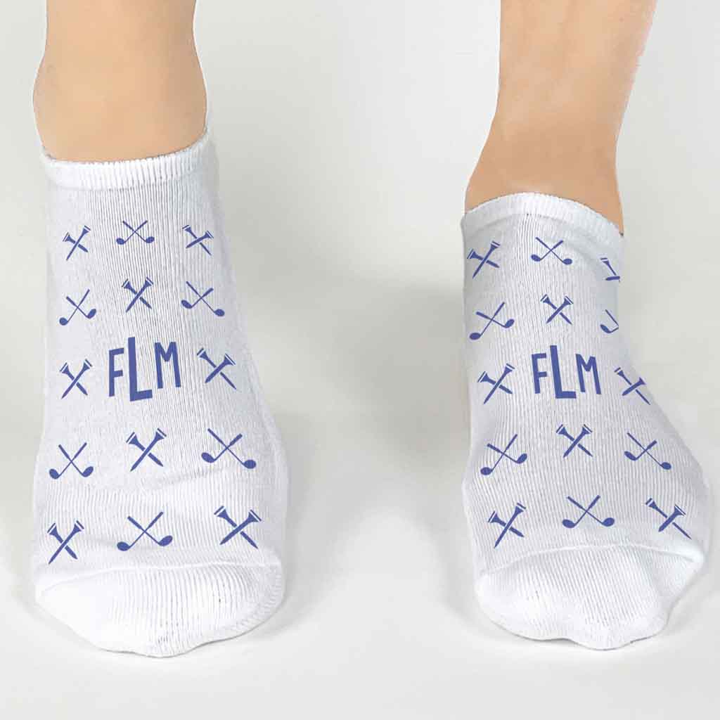 Fun personalized golf socks design with your monogram initials digitally printed on white cotton no show socks in a gift box set.