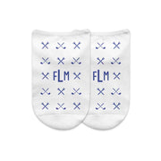 Monogram golf socks design custom printed on white cotton no show socks in a three pair gift box set.