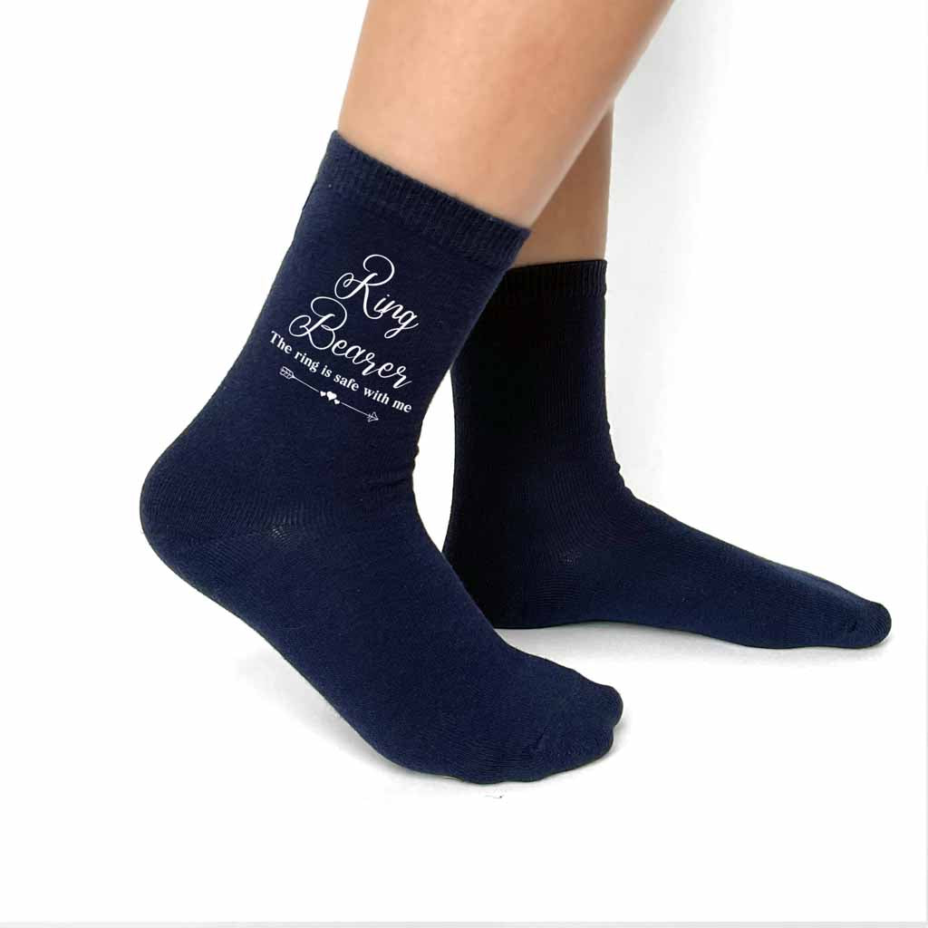 Comfortable cotton flat knit dress socks digitally printed with ring bearer the ring is safe with me printed on both outsides of the socks.