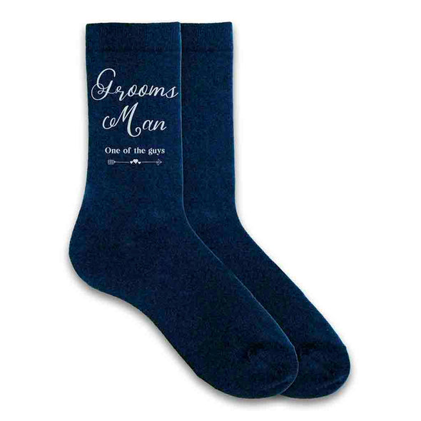 Wedding party socks with fun saying for the grooms man custom printed one of the guys design on the outside of both socks.