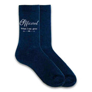 These cotton socks printed with officiant wedding party role and fun saying what I say goes on the side of the socks make a practical gift for your wedding party.