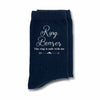 Ring bearer socks digitally printed with fun saying the ring is safe with me on comfy cotton flat knit dress socks.