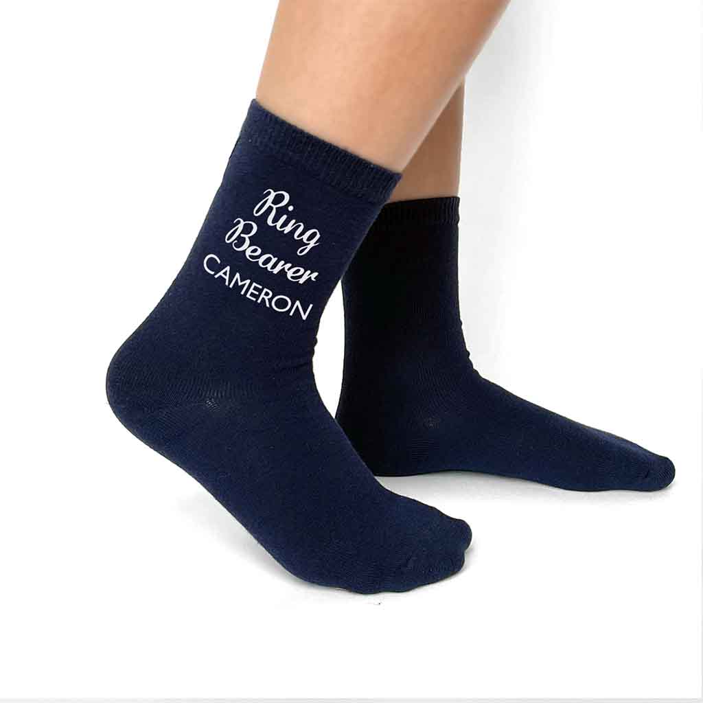 The perfect gift for your ring bearer are these digitally printed flat knit dress socks personalized with your name.
