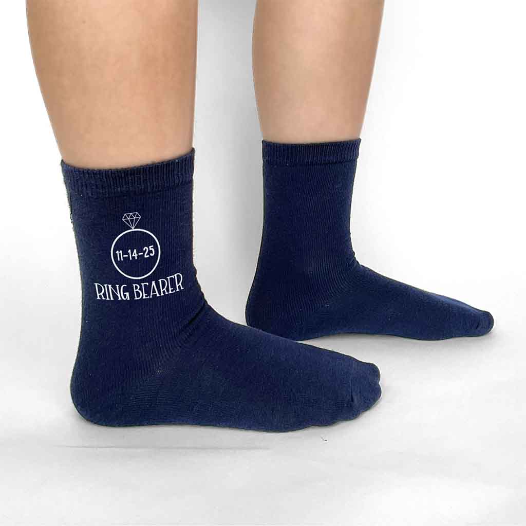 Wedding day socks custom printed with ring bearer and ring design and personalized with your wedding date on flat knit dress socks.