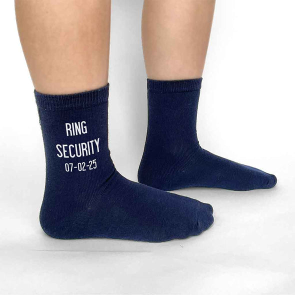 Ring security flat knit dress socks in navy or black personalized with your wedding date and ring security.