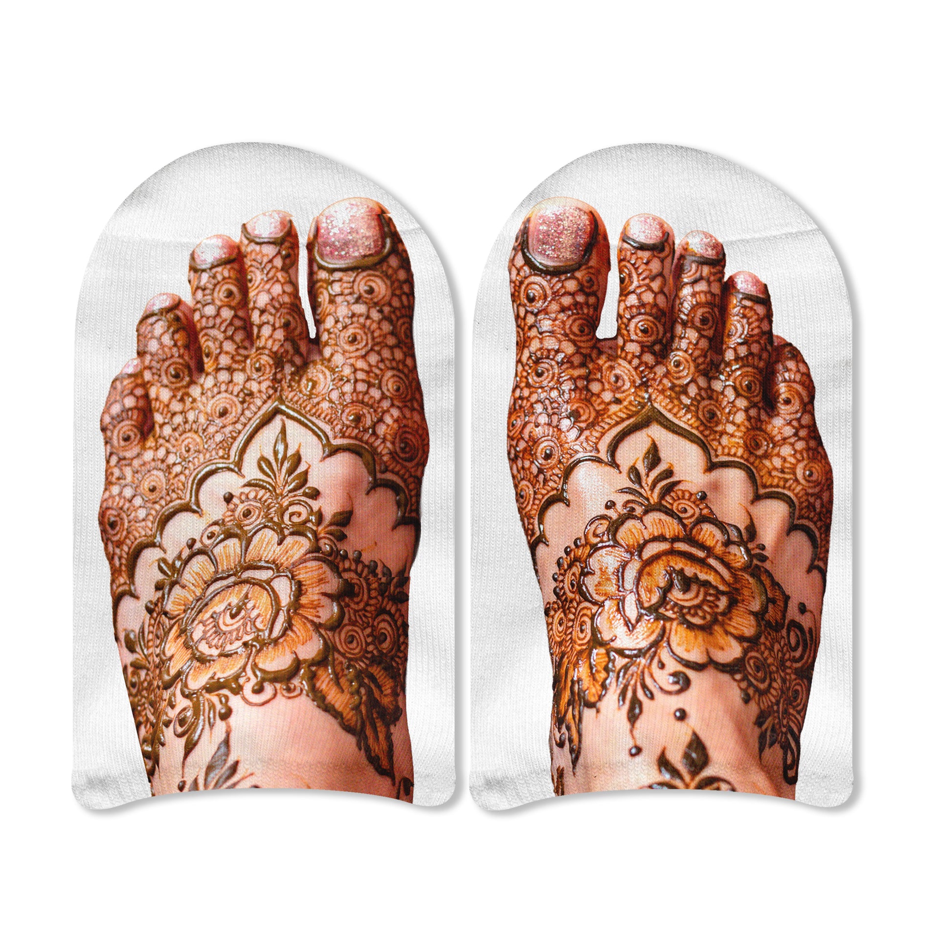 Henna-inspired no show socks with decorative boho foot design printed on soft white cotton socks