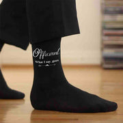 Wedding party socks for the officiant with fun saying what I say goes design printed on the outside of the cotton socks.