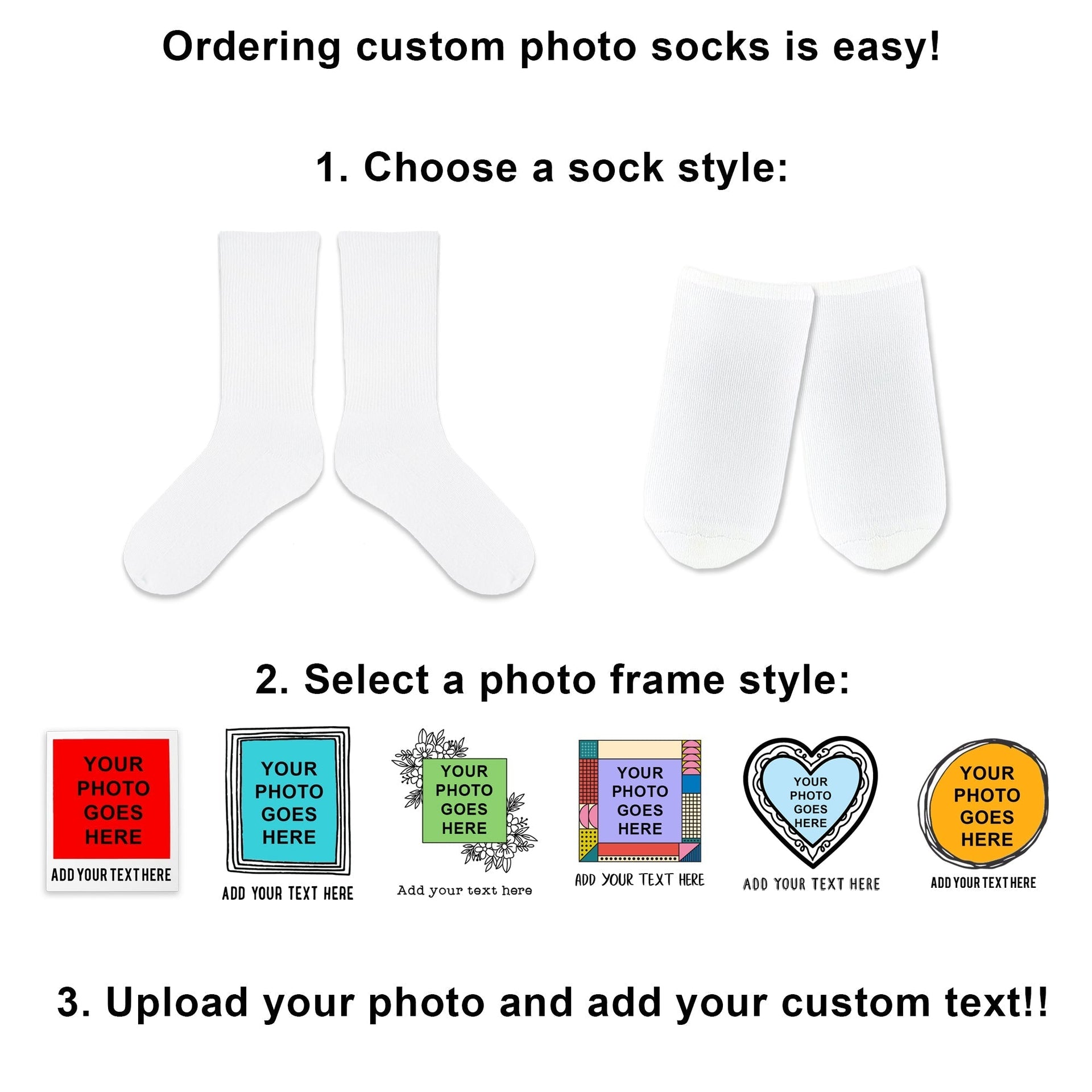 Guide to ordering custom printed photo frame design personalized with your own photo and text on white cotton crew socks.